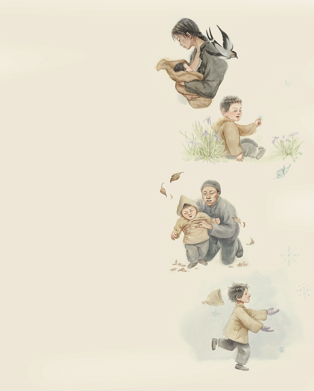 以春夏秋冬为切入点画了四幅小画来表现邓老师的童年,但终稿时切换成了只用夏季有马兰花的这一幅