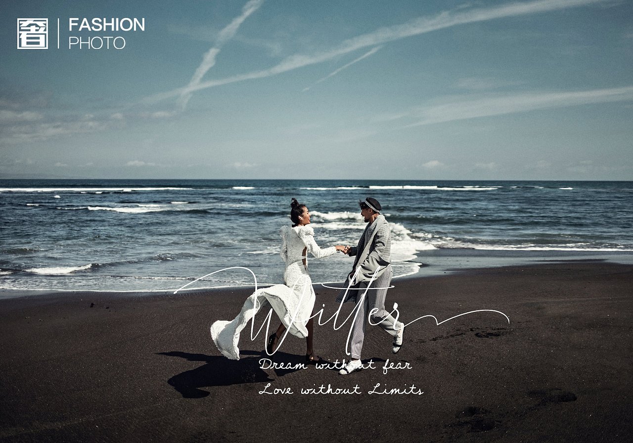 电影感海边婚纱照奔跑回眸的暮色温柔