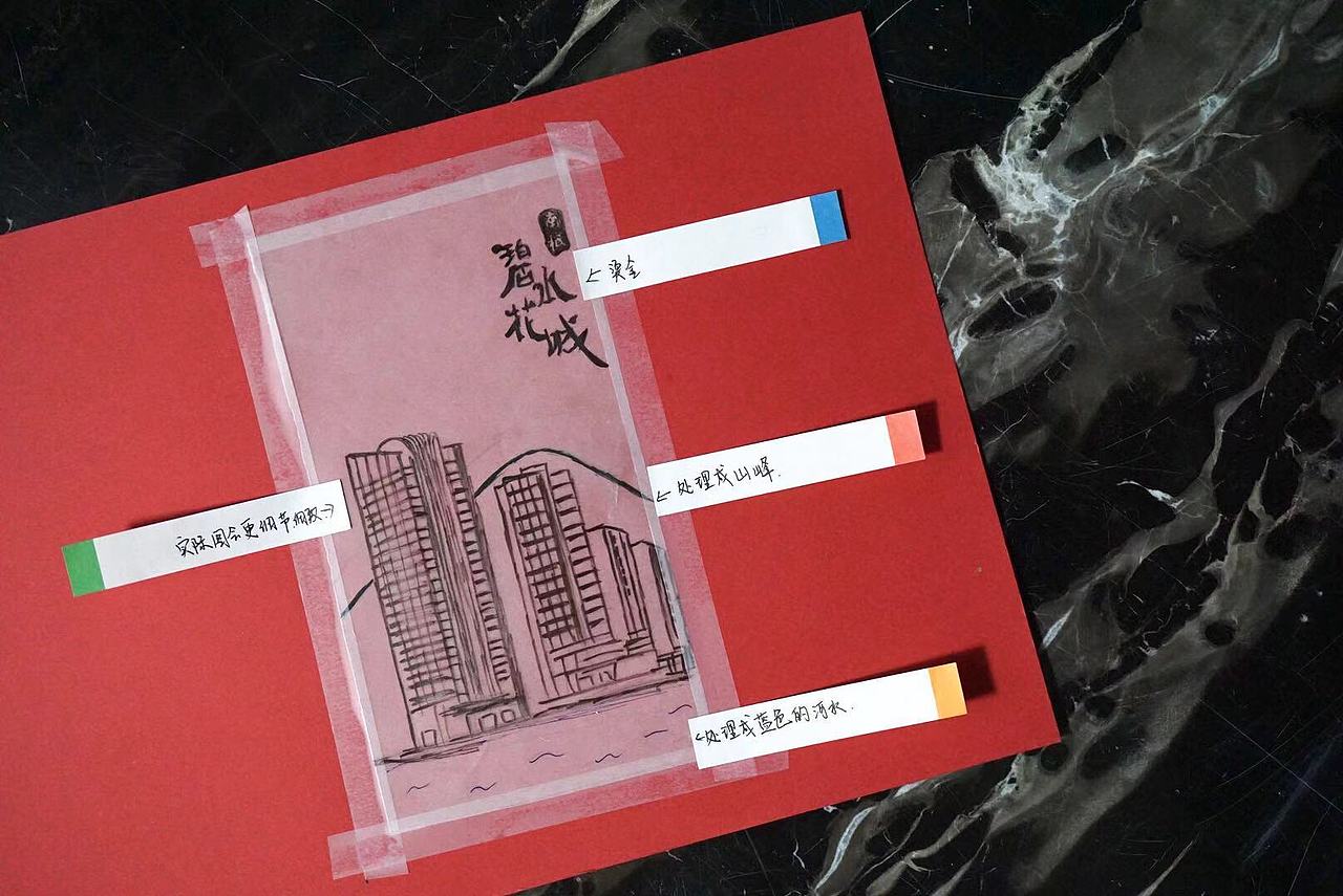 ▲手绘设计图
<br>于是最后,设计确定为:以建筑为主线,用手工印章制作出图。如此,即满足“花城元素”的要求,又有了“手工印章”这一设计特点。因此,“锦上添花”不仅仅是藏了“花”字的祝福语,更是设计理念的体现。<br><br>为了能在竖形的利是封上展示花城的建筑线条之美,爬爬以枫合汇作为主楼,将旁边的建筑压低、缩小比例,来制造视觉层次。<br><br>在绘画上,尽可能地体现细节,但又不完全复制细节。因此对建筑线条进行了删减,只画出部分窗户,避免图案的杂乱。