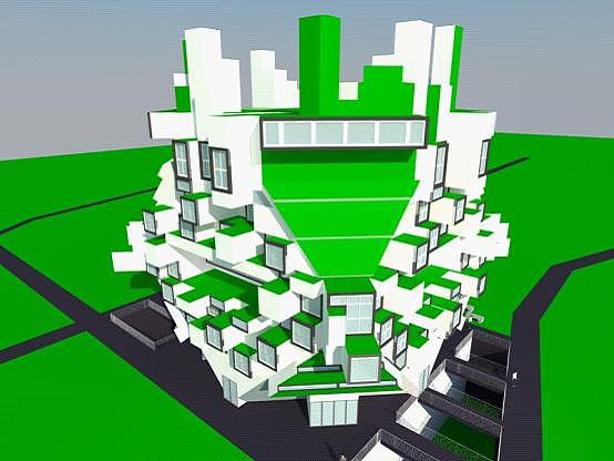 PM2.5体验馆效果图PM2.5 Experience Hall effect diagram
	整个方案的想法是来源于PM2.5这样非常细小的粒子,让微观的粒子宏观化。就想要在北京CBD那样PM2.5严重的地方放这么一个小粒子,让这个奇怪的小粒子时刻警示我们关于PM2.5对我们身心带来的危害。如果有密集恐惧症的人我想看到这样一个东西是不是很毛骨悚然。学会爱环境、爱生活、爱自己,这是我的方案《呼吸—PM2.5建筑体验空间》所要传递给公众,给每一个的正能量。<br>	PM2.5体验馆内一共五层,每一层都有其独特的功能和定位。一层主要是展卖空间,用于展卖一些有着特殊专利的绿色产品、新科技产品,比如新型对抗PM2.5的环保口罩、新型空气净化器、纯净的新鲜空气、创意绿色高科技小产品等等;二层主要是多媒体展映厅和PM2.5互动、体验空间;三层主要是PM2.5检测中心、展览厅,主要用来PM2.5数据检测、数据分析,以及用于参观、体验和互动的数据分析检测体验区;四层主要是小型报告厅、展览厅、多媒体发布中心、创意工作室(公益性质或者绿色环保类的); 五层为体验馆内工作人员办公室、接待室、起居室、会议室。屋顶为有机绿色种植区、空气循环处理区、水过滤处理区。整个建筑依照台湾绿色建筑的建筑指标规划和筹建,将在PM2.5空气质量监测、检测、防治、体验、互动上彰显建筑的内在魅力和风采,极力打造最适宜人类居住宜居环境。