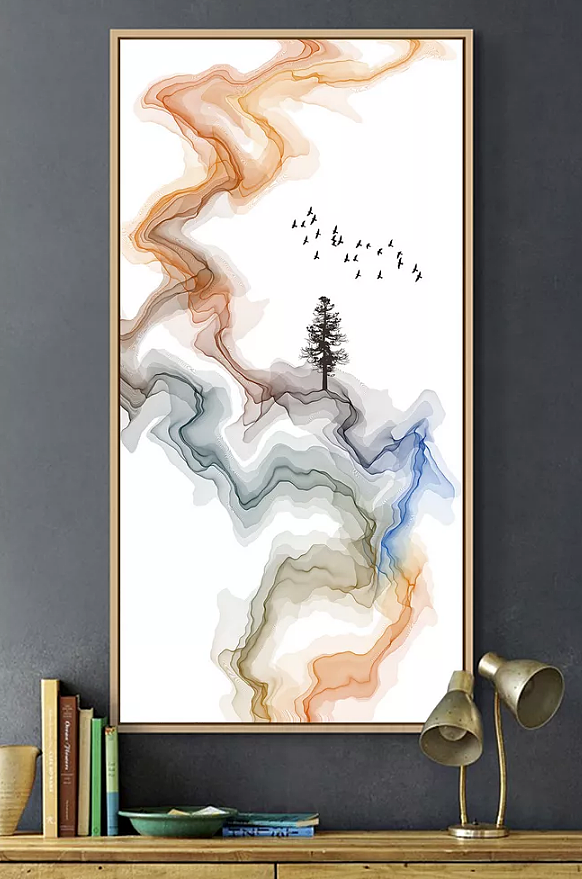 新中式玄关装饰画-抽象水墨画禅意山水画玄关背景墙