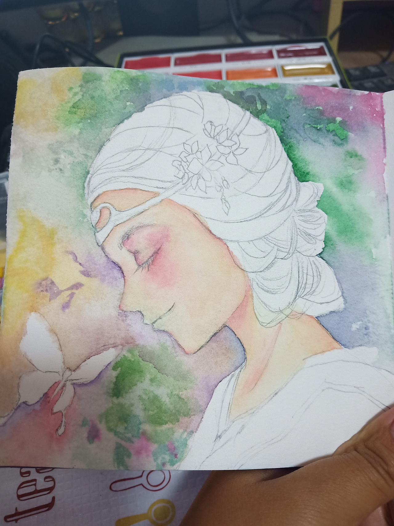 肤色用吴竹的山吹和胭脂+大量水调的,腮红我觉得完全可以根据想打造的气质随便用,原创人物的乐趣之一就是化化妆啊,弄弄发型啊,蛮有趣。面部上完色等干透,背景刷水湿画斑斓叶子的感觉