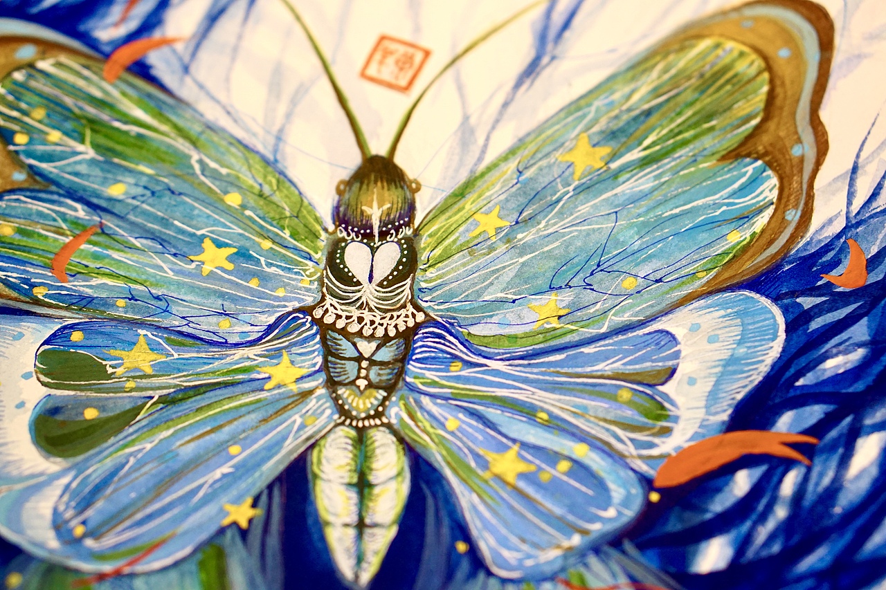 蓝蝴蝶水彩插画