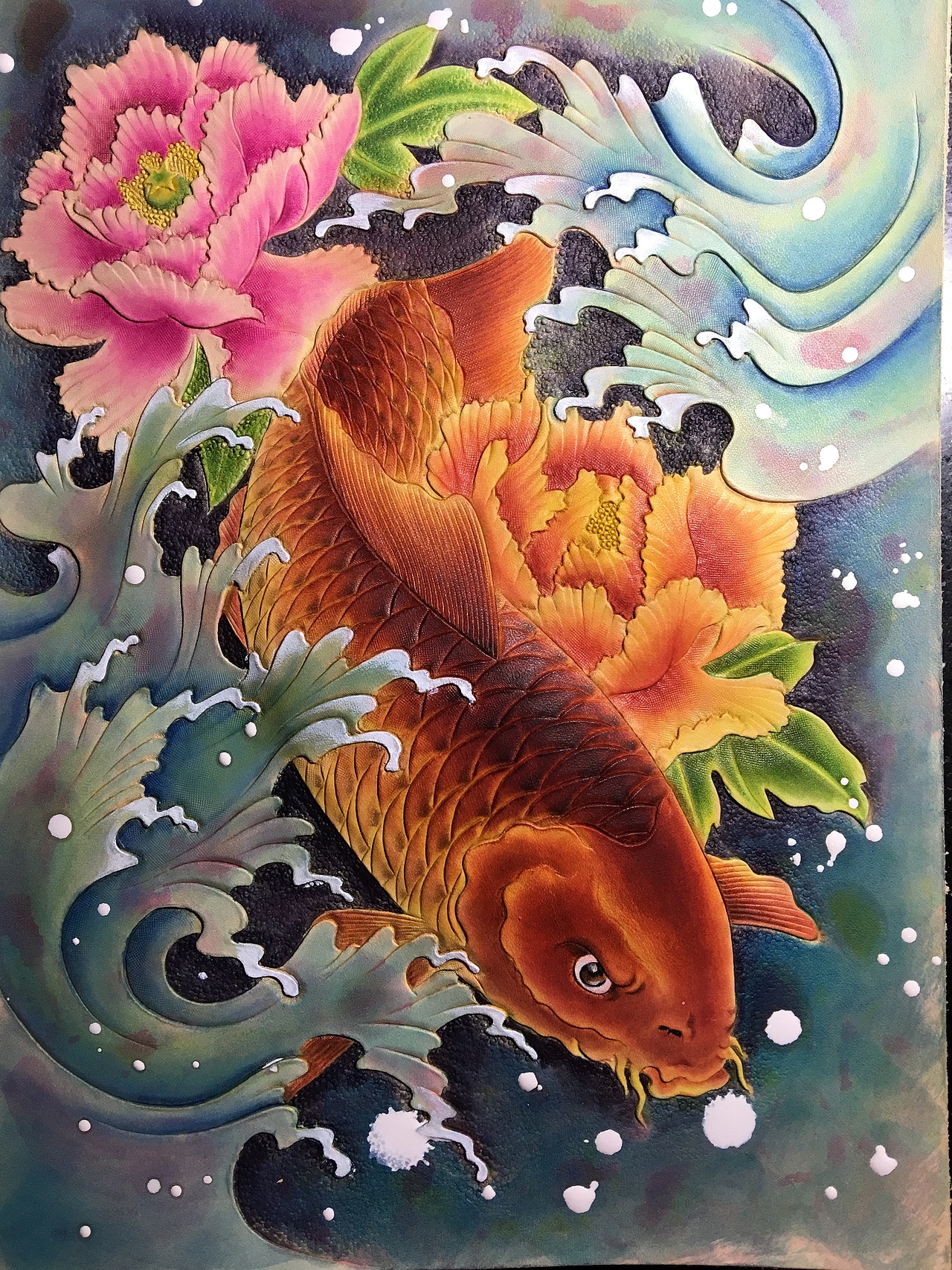皮雕画—-锦鲤牡丹（图ZMTQxMjE4MDQ0） - 工艺品设计 - 站酷设计师斑寅原创素材 - 站酷ZCOOL