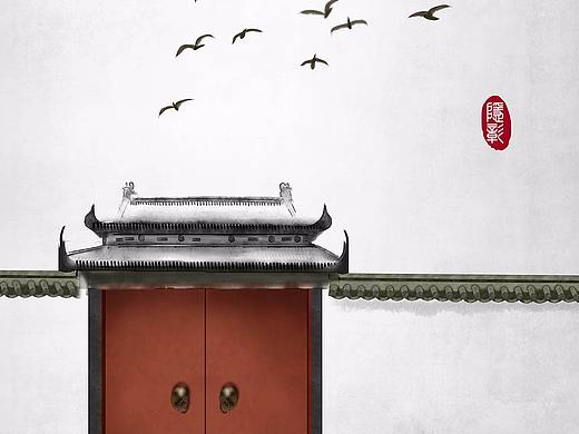 中式建筑古门飞鸟古风水墨画中式中国风古风插画
