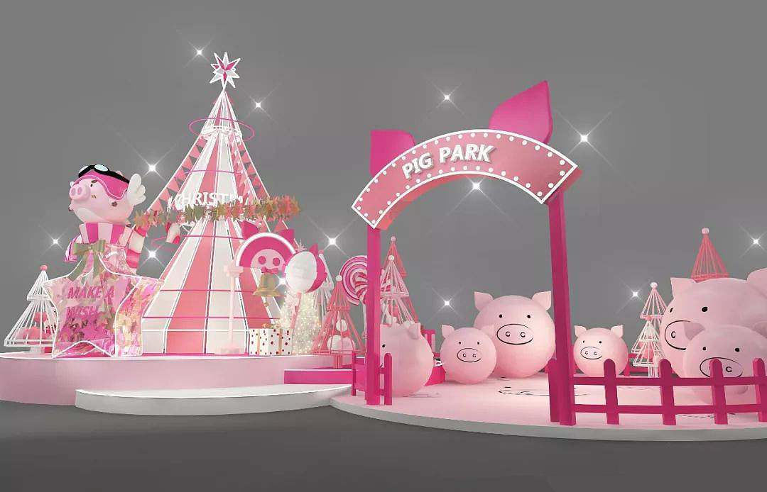 圣诞美陈猪年卡通少女心 快闪店 粉红 打卡点 3d效果图