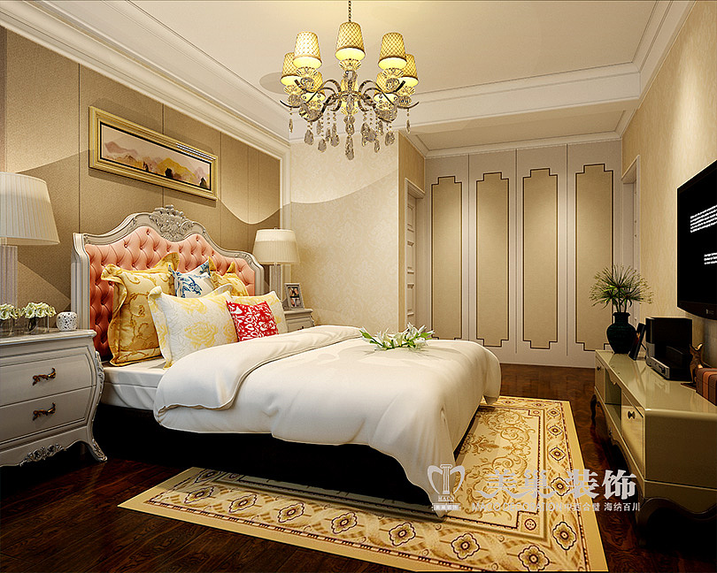 郑州法兰原著110平三室两厅简欧风格,完美的诠释家的温馨与幸福指数————主卧室全景设计,充满温馨与浪漫的生活起居室