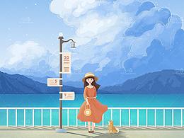 海邊車(chē)站旁的小女孩