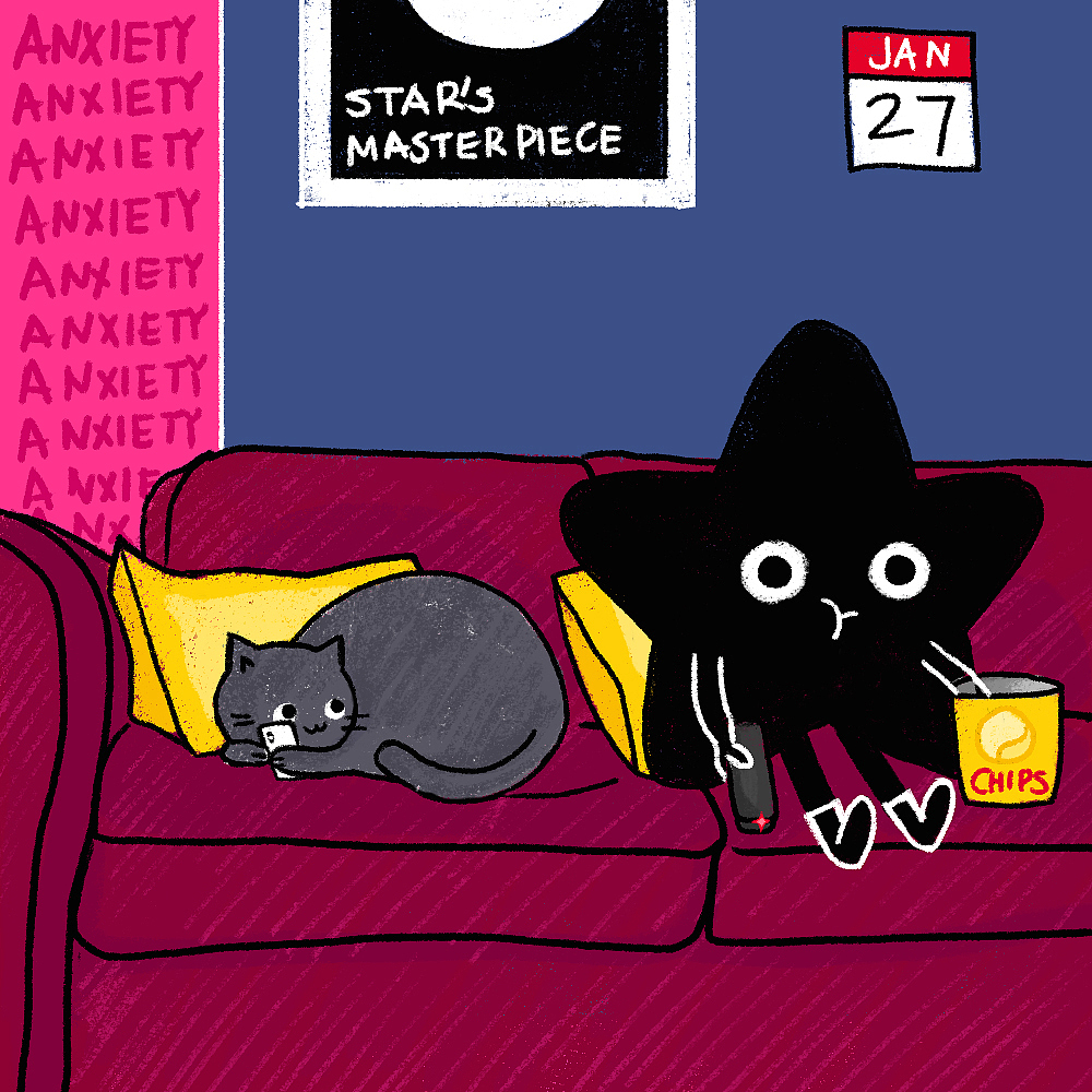 今天星星看了一整天的电影。总觉得好像有些过于颓废...
如果星星有养猫,此时可能已经受到了猫咪的嘲笑。<br>幻想灰猫:喵,毕竟你不是猫咪,不能心安理得地在沙发上颓废一整天呀喵。