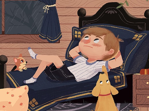 儿童插画 躺在床上的小男孩