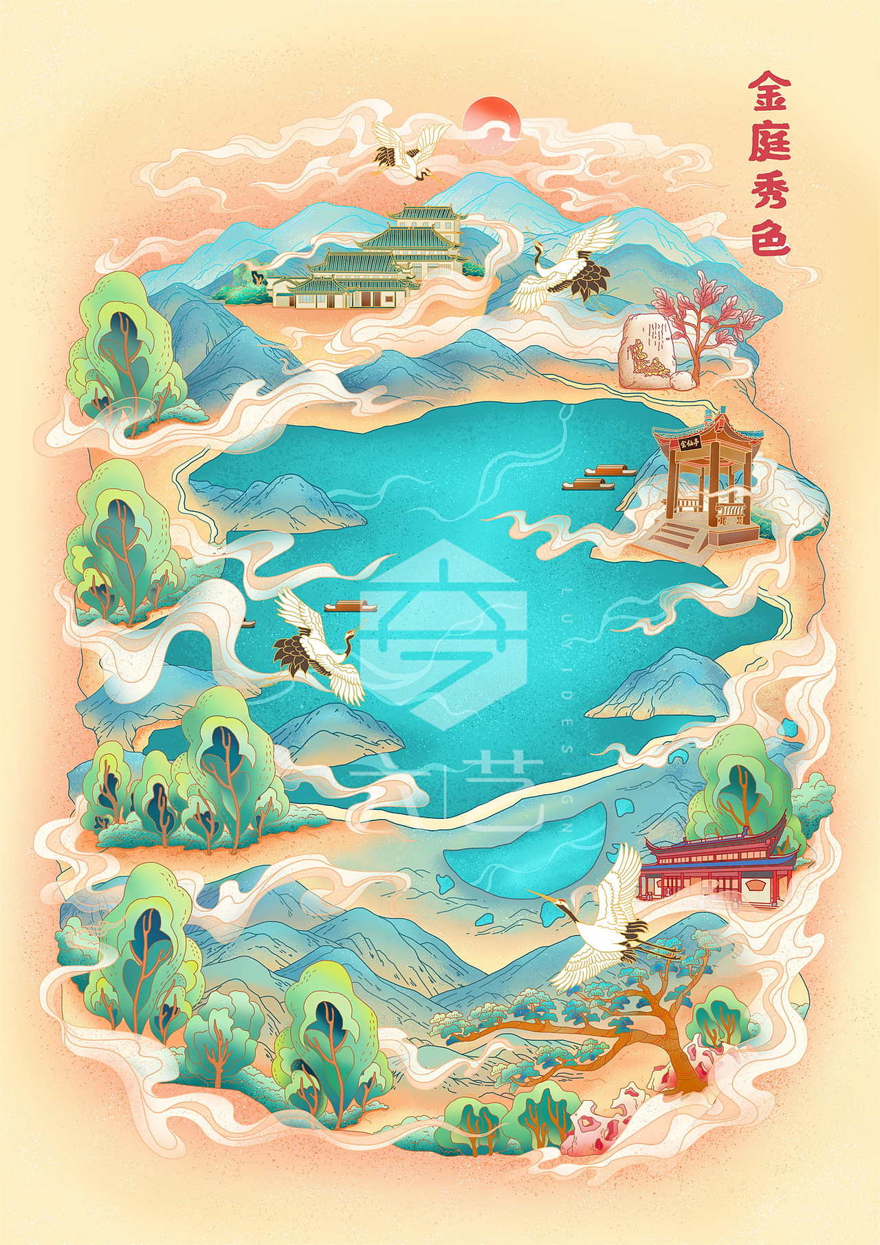 天台山景区大瀑布手绘地图导览图及古风场景插画设计