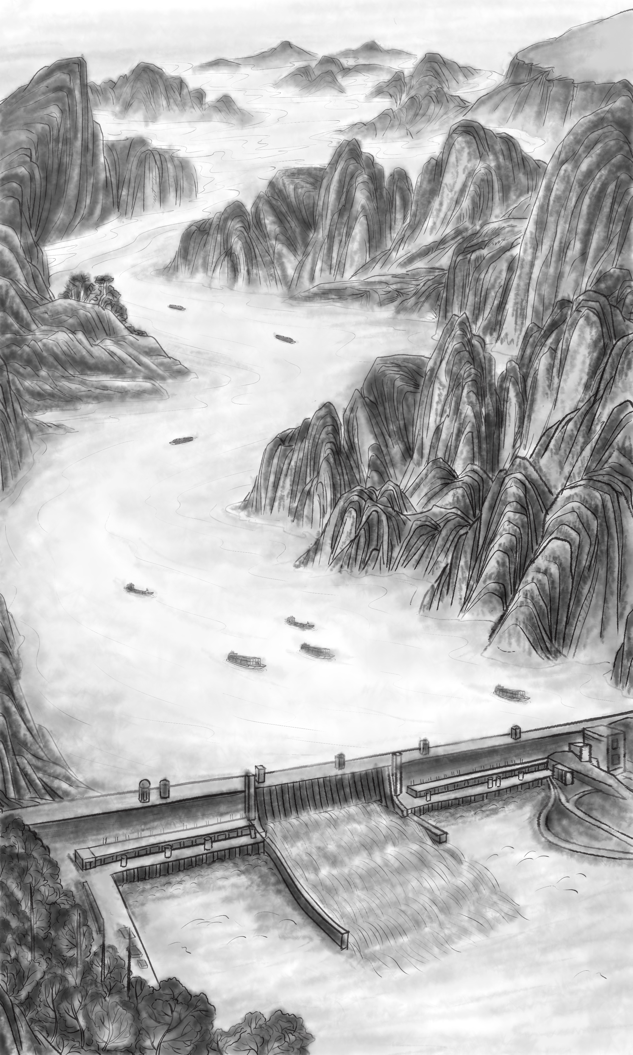 长江三峡水墨画