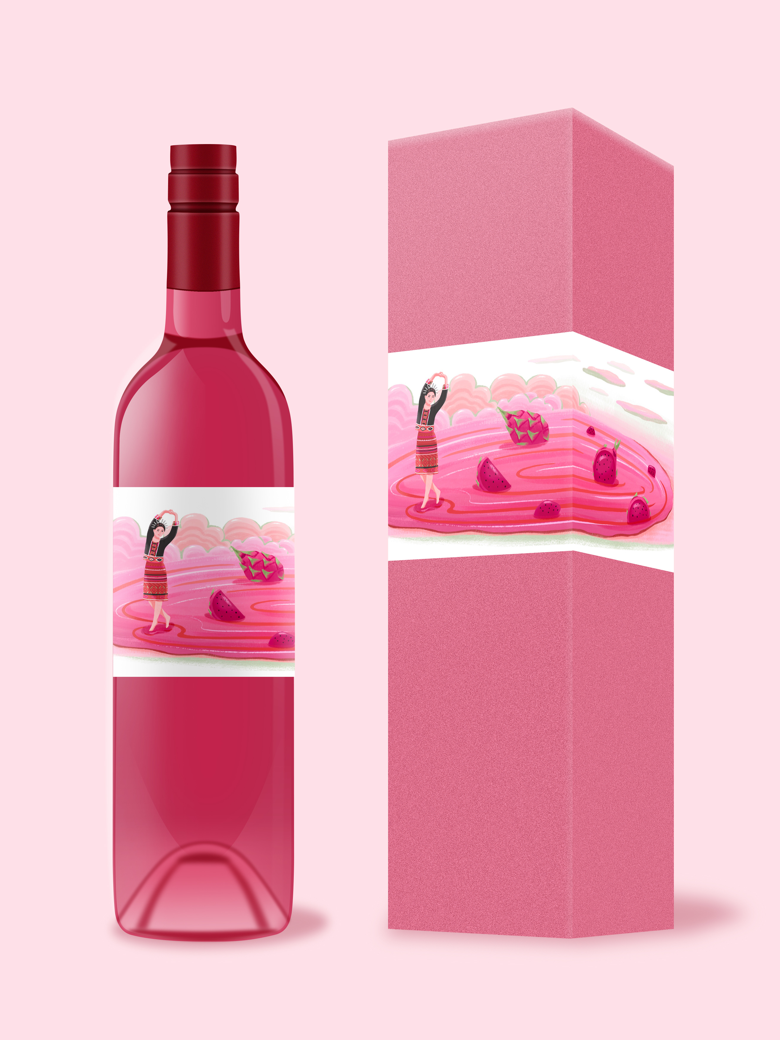 火龙果酒包装插画设计