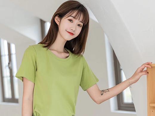 纯色韩版T恤印花T恤衬衣打底衫绣花T恤宽松T恤模特拍照