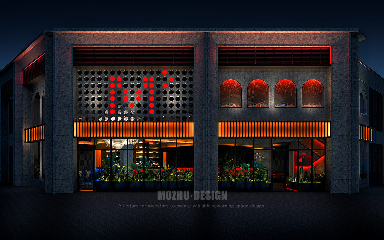 酒吧门头类似合金堡垒的装修风格
<br>深灰色的石砖将墙面做出粗糙感<br><br>铝制冲孔"M3"的LOGO<br><br>与深灰色墙面形成神秘感<br>