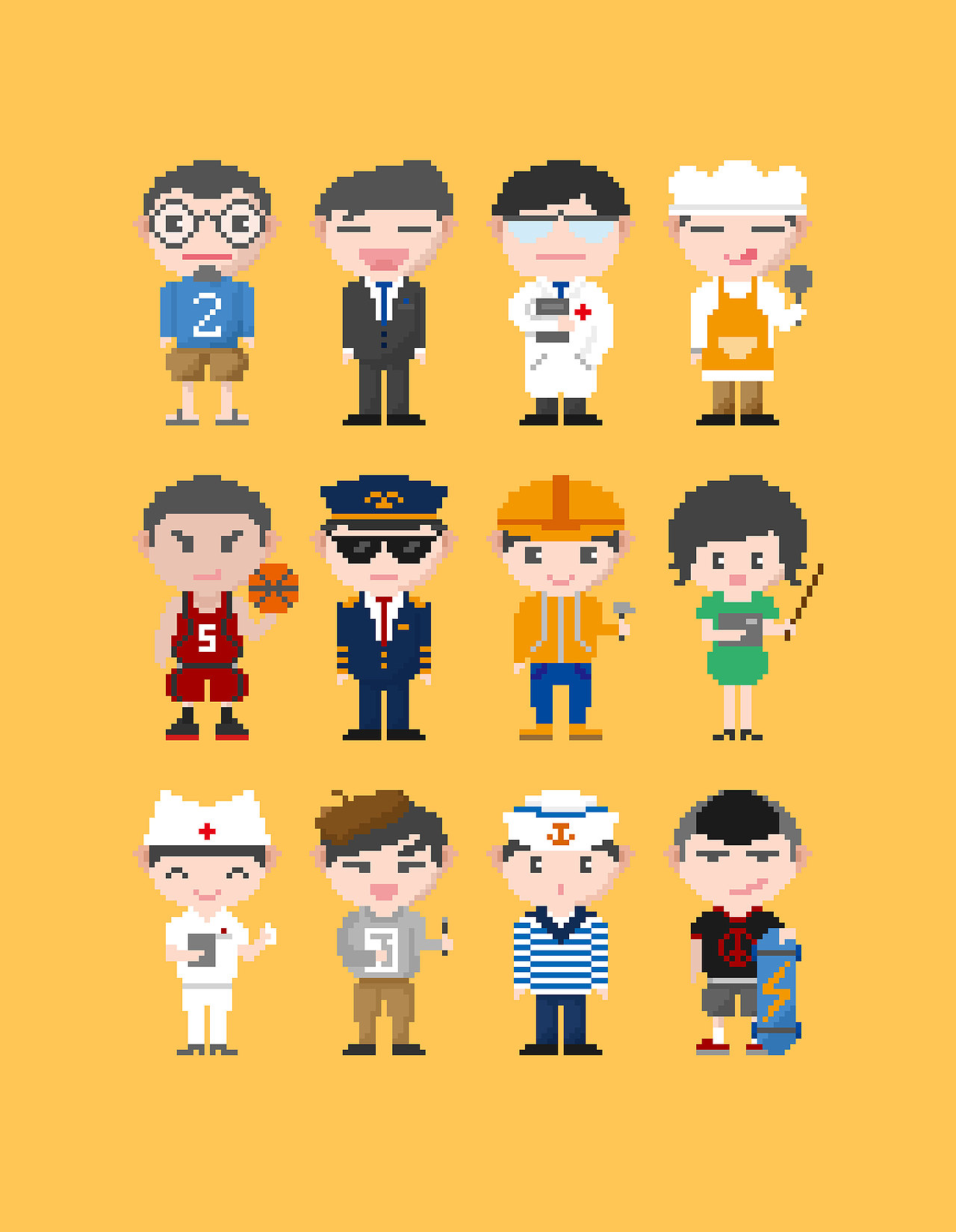 所以就使用了不同职业不同身份的各种像素小人来作为辅助图形