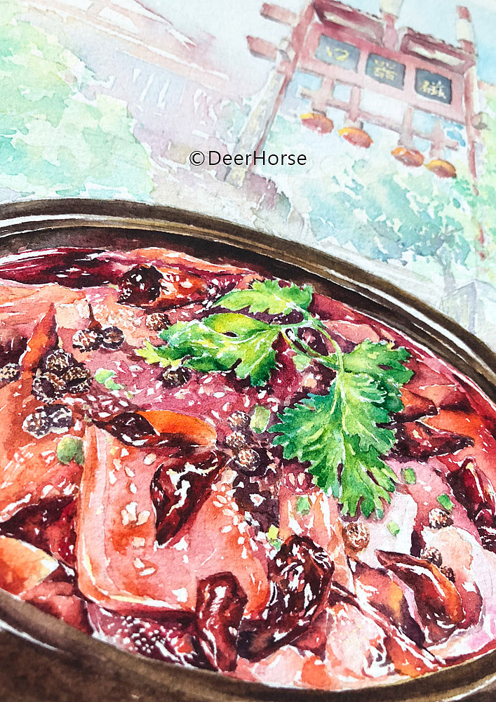 重庆磁器口毛血旺插画