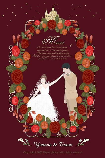 复古华丽红丝绒玫瑰婚礼手绘请柬感谢卡原创插画设计