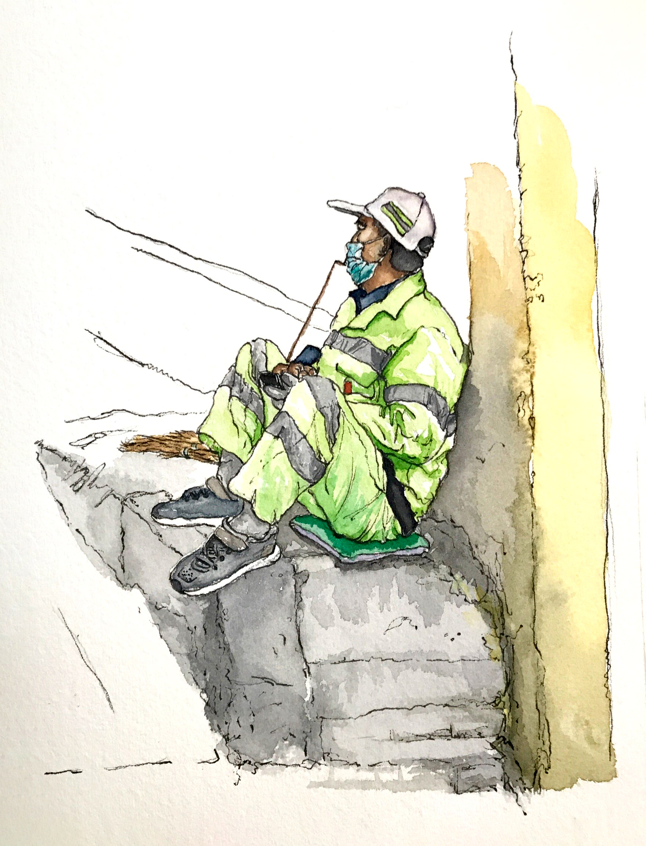 原创水彩画人间烟火街头的环卫工人