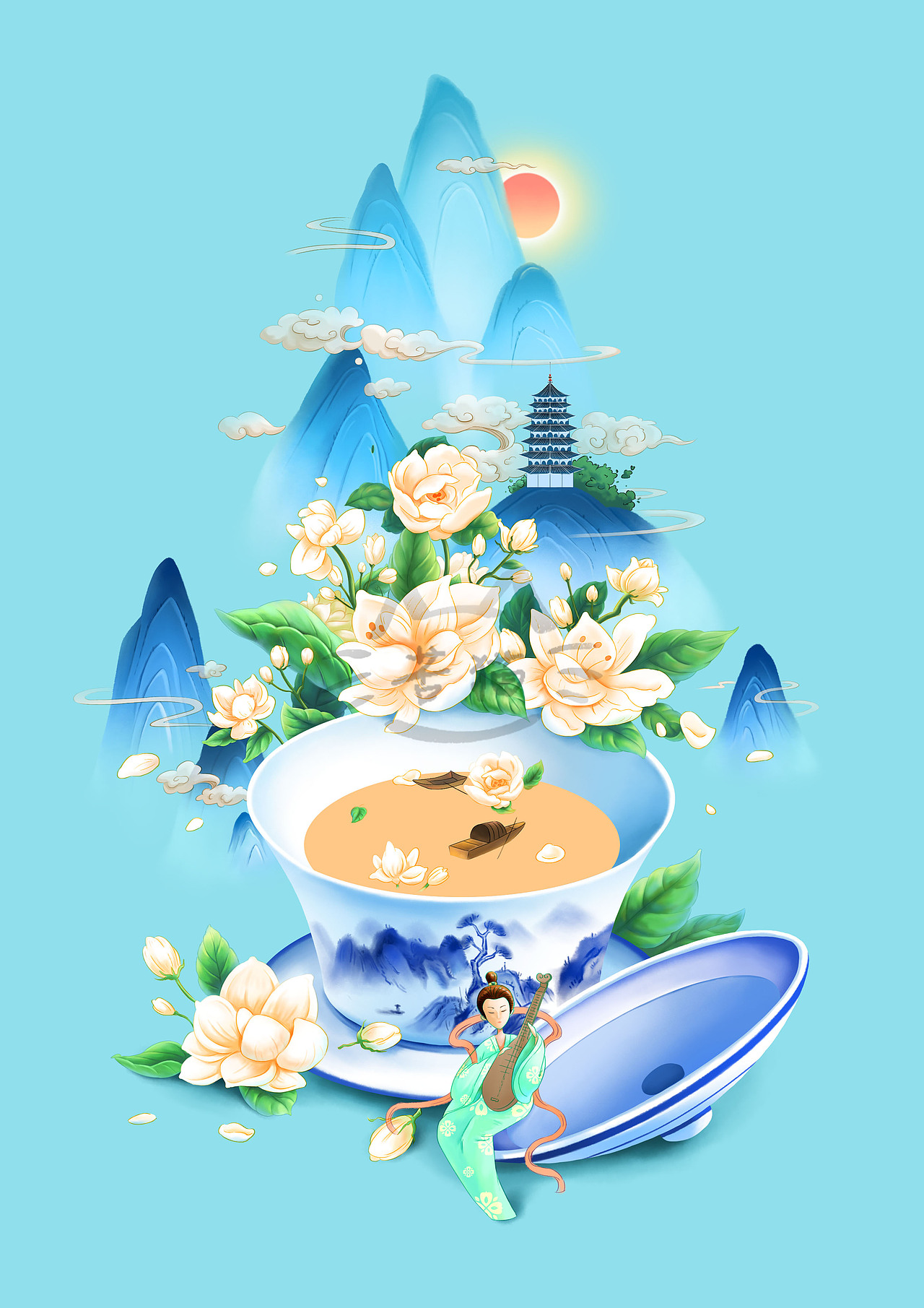 国风微观场景插画『茉莉花茶』