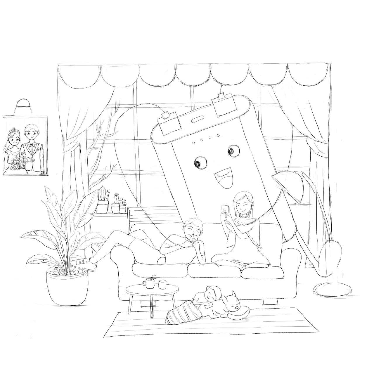 移动电源海报线稿，上色为完成，，，