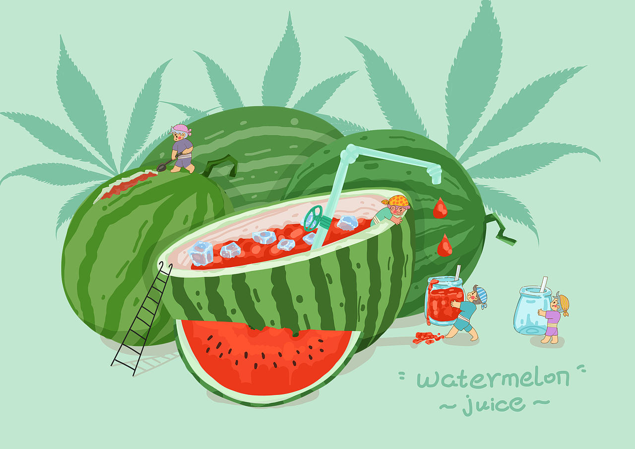 夏日西瓜特饮（图ZMzA3MDM2NjA0） - 创作习作 - 站酷设计师乌油油不是插画师原创素材 - 站酷ZCOOL