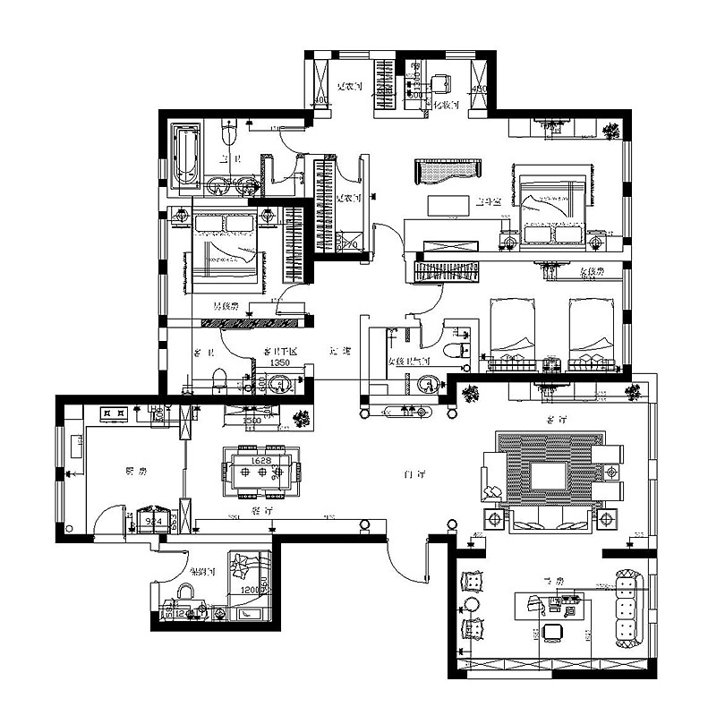 郑州海马壹号公馆大平层五居室美式风格营造出奢华的温馨浪漫住宅——平面布局方案