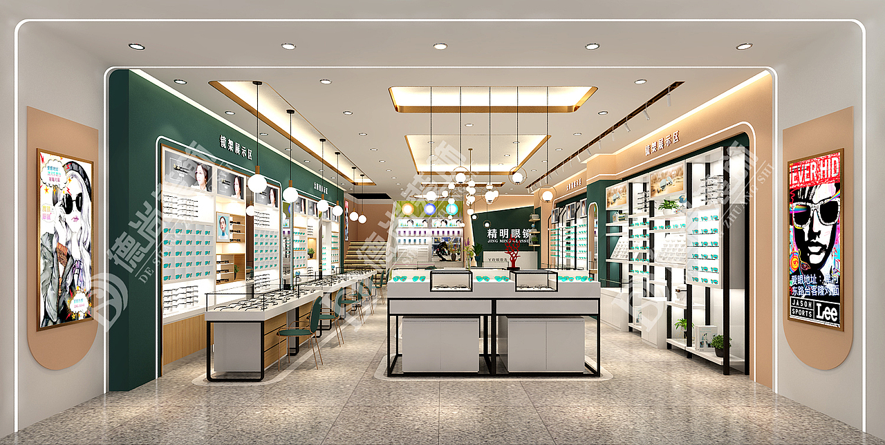 90平眼镜店装修设计效果图,高端展柜设计定制。