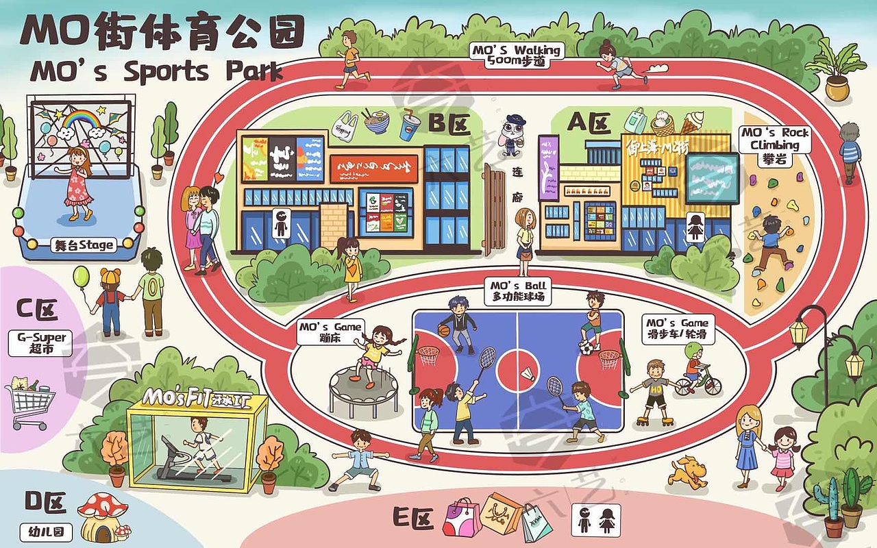 卡通运动街区公园手绘地图q版可爱风插画