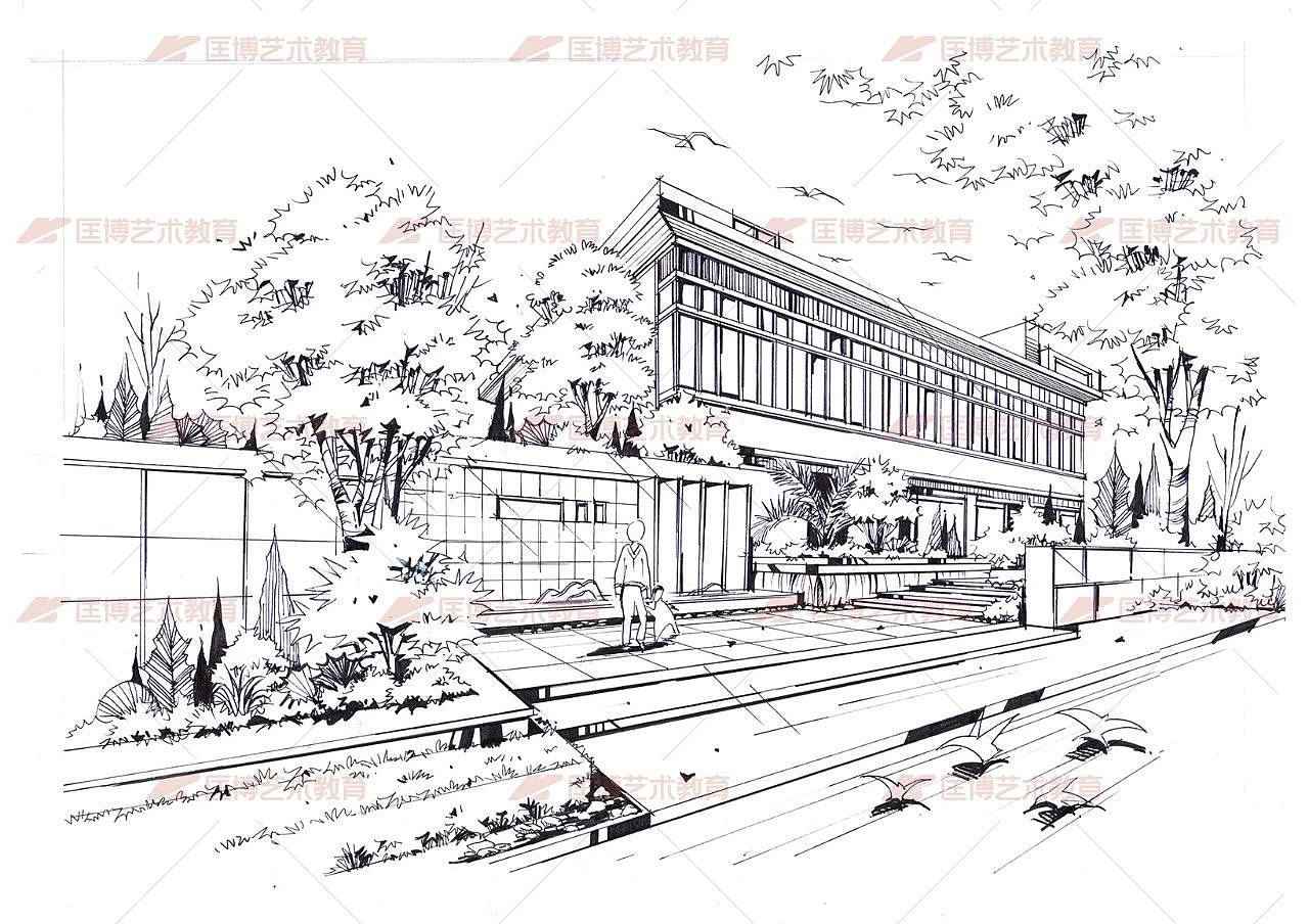 景观园林线稿效果图-考研手绘
