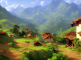 #AI創(chuàng)作實驗室#山上的房子, 山寨, 紅瓦, 稻田