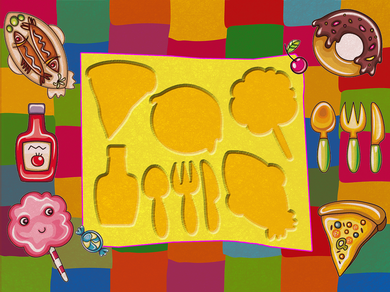 第四页
背景音乐:轻音乐<br>画面:七彩餐桌上摆放着食物和配料、餐具<br>角色:鱼、番茄酱、棉花糖、面包圈、餐具、披萨 <br>交互:需要将物品与物品各自的位置匹配(培养儿童颜色与形状的区别与识别性)<br>