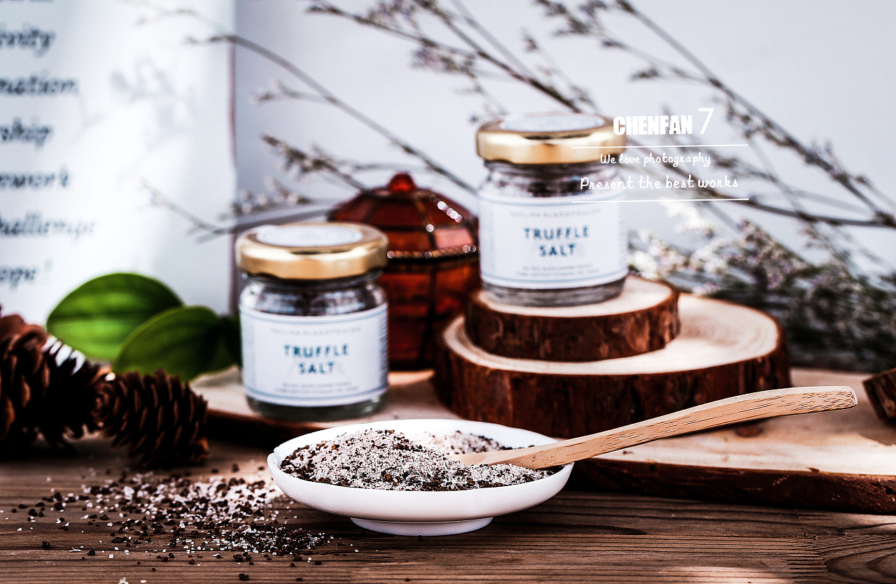 盐,松露,调味品静物拍摄.