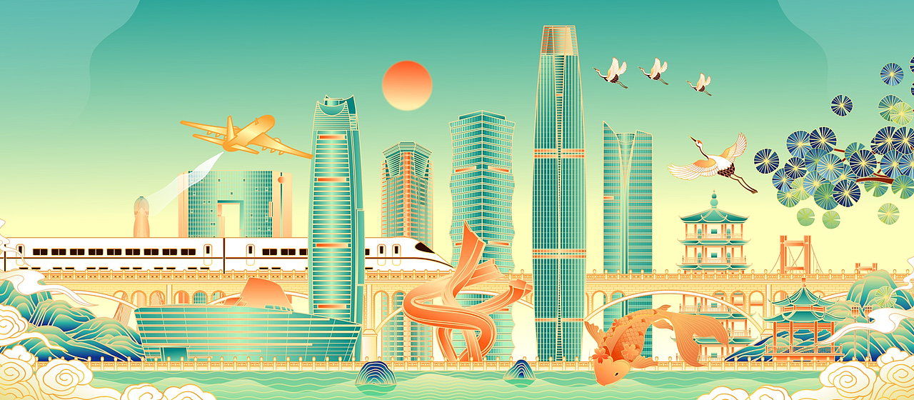 中国广东东莞城市建筑群矢量插画