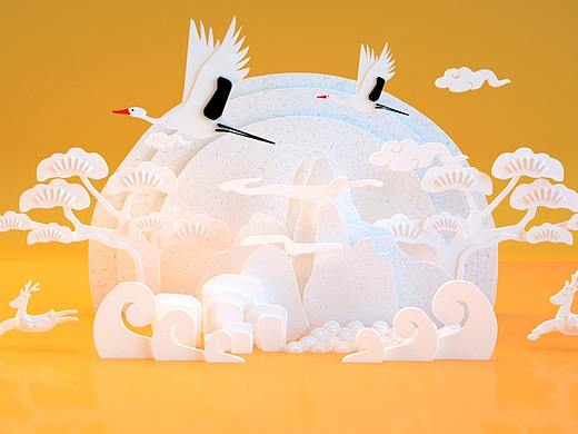 C4D 仙鹤与飞鹿的剪纸风格