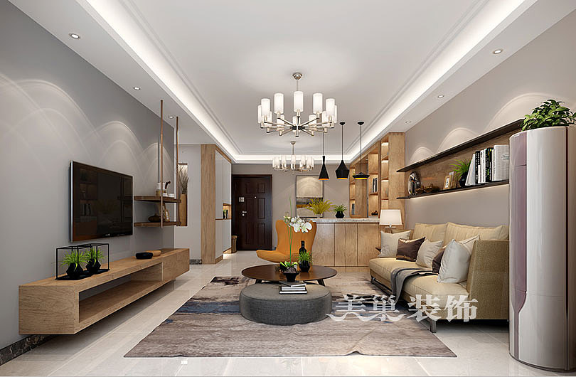 郑州升龙汇金广场140平三室两厅现代简约风格,尽显一种利落、简约之美,透着自然淡雅的韵味————客厅全景布局