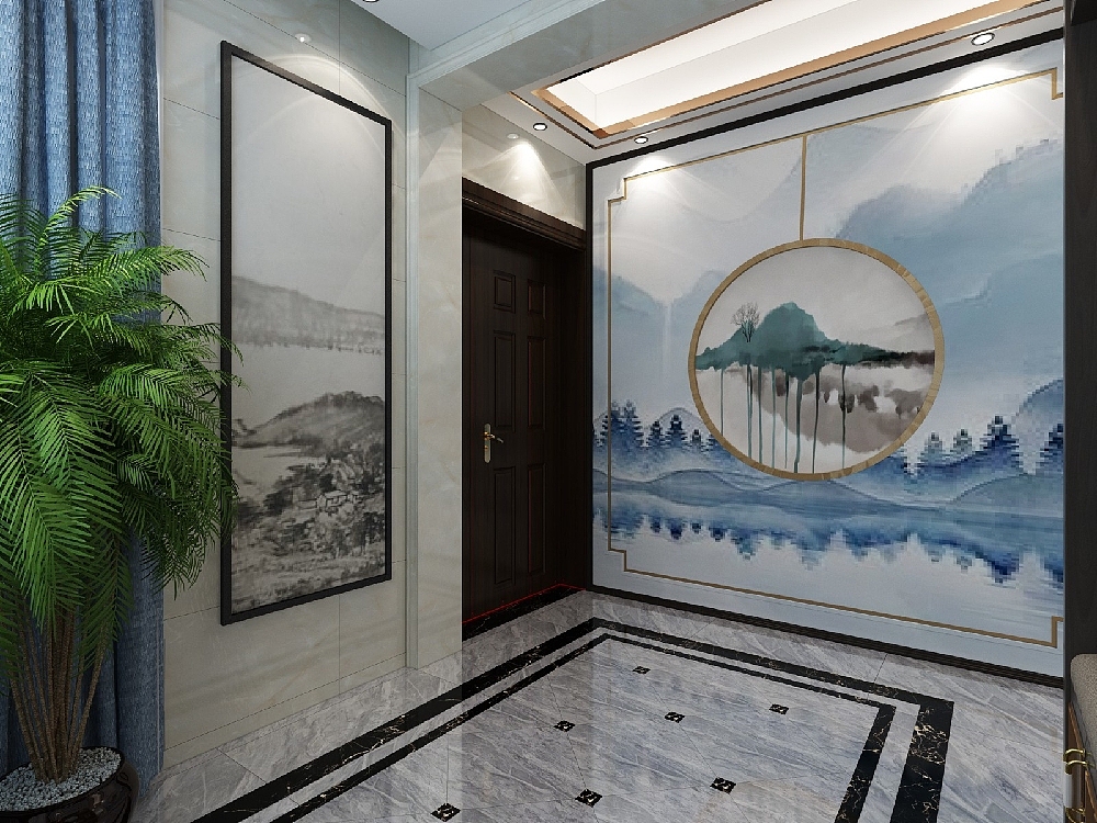 这幅水墨画很大气,整体色调也是跟着沙发和电视背景在走