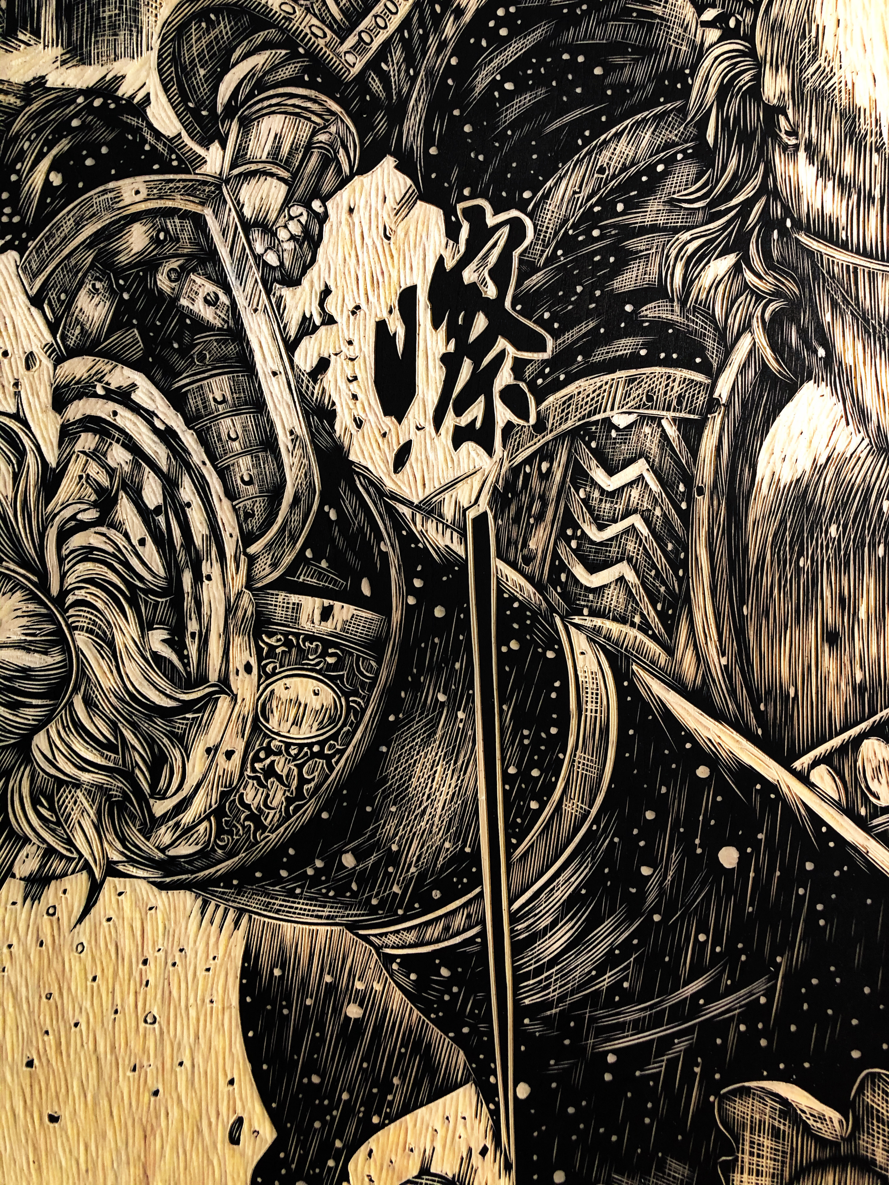 手工雕刻黑白木刻版画【火凤燎原】