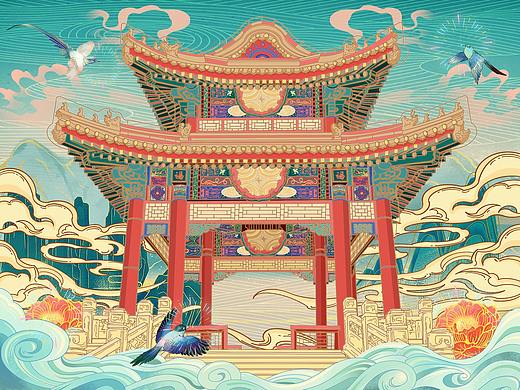 颐和园/八角亭主题插画文创设计