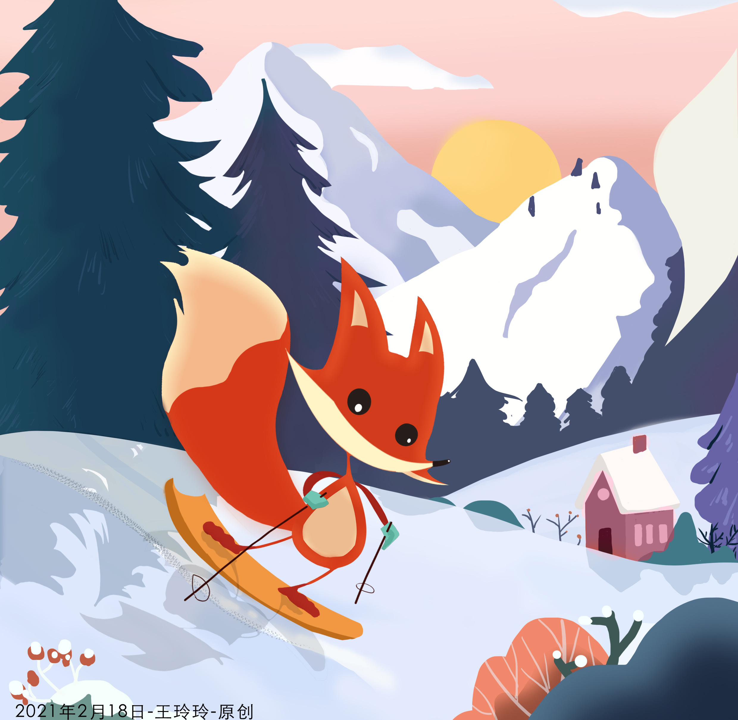 插画-滑雪的狐狸