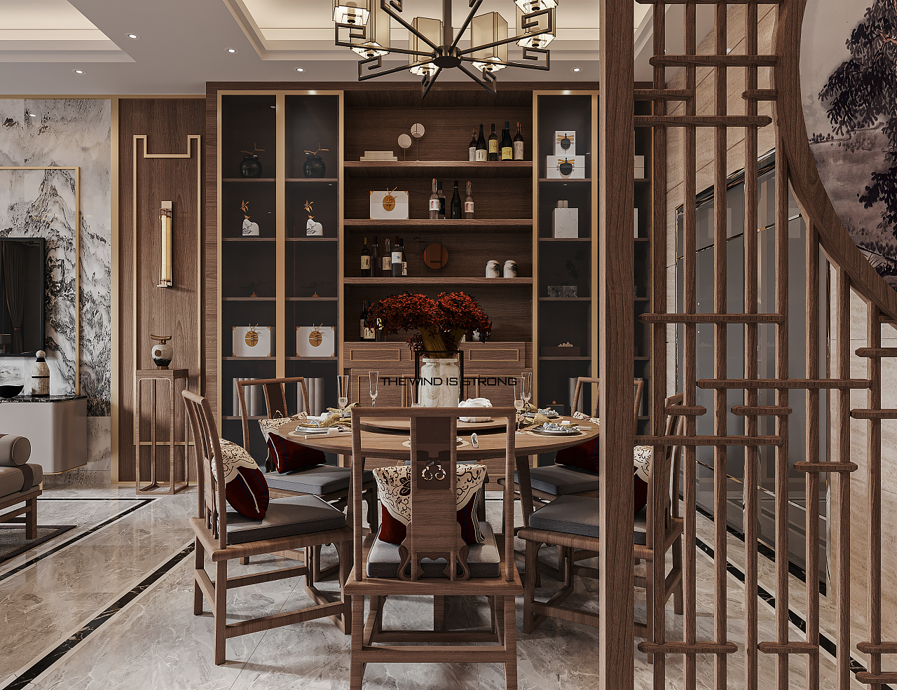 新中式客餐厅|空间|家装设计|1992效果图李倩倩 - 原创作品 - 站酷 (ZCOOL)