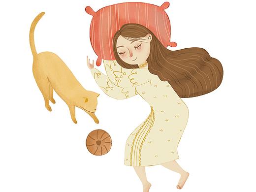 养猫猫的女孩睡着了