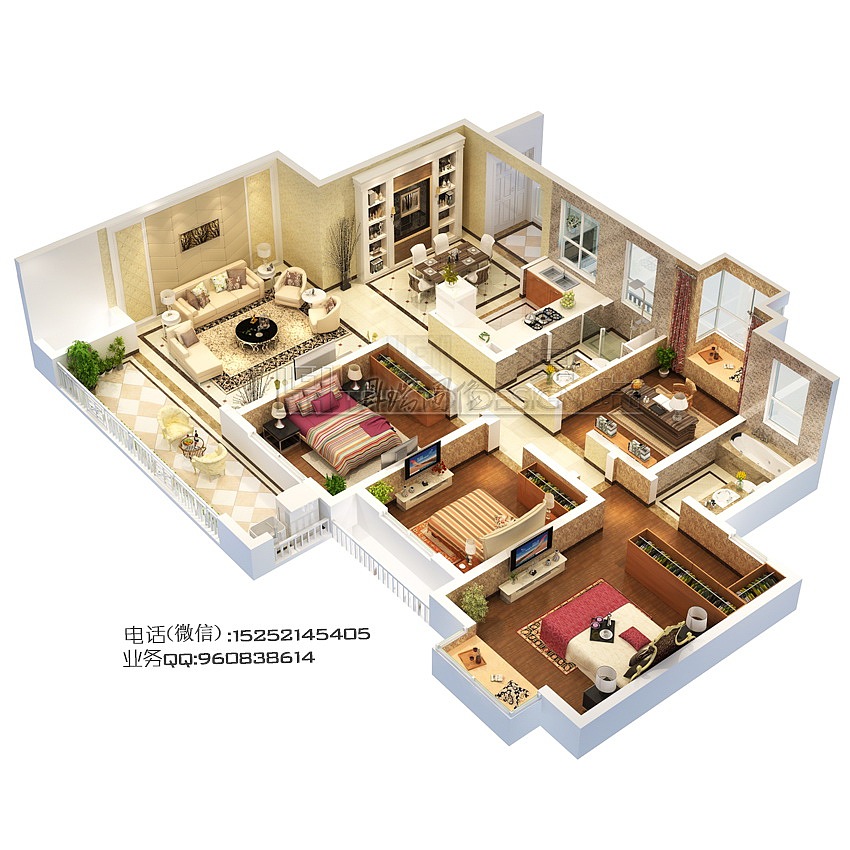 三维立体户型图/家配图/户型图/3D户型图渲染