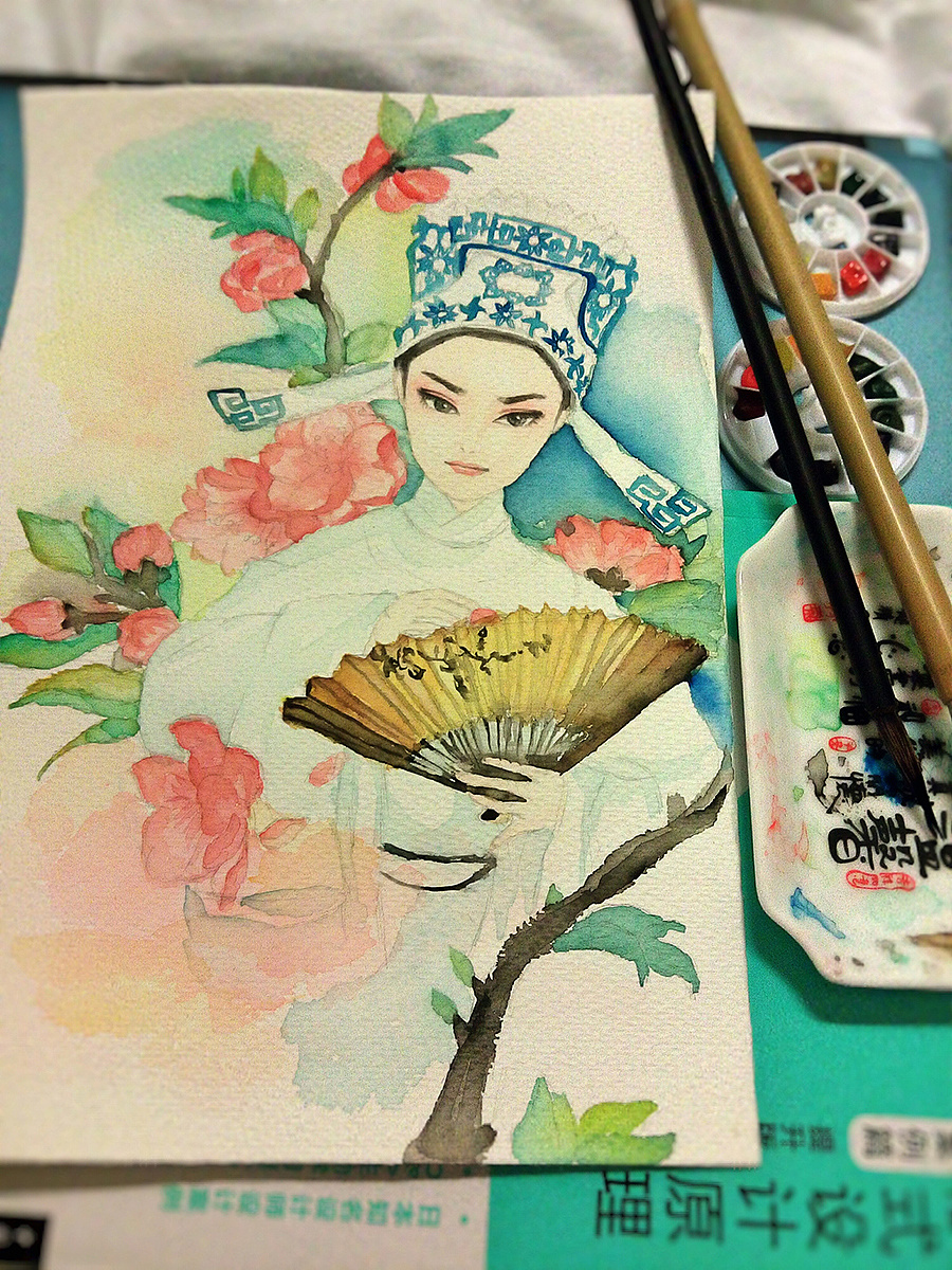 戏曲水彩插画——越剧【玉蜻蜓】