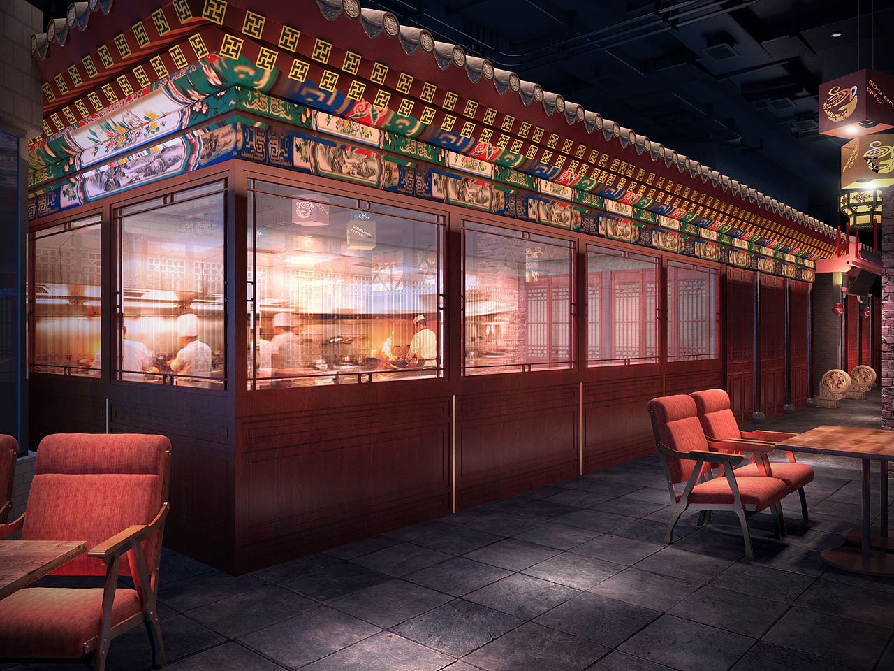 狗不理门头设计保留老北京建筑特色,青砖灰瓦,玉阶丹楹,墙体磨砖对缝,工艺考究。每当夜幕驰临,红红灯笼高高挂起,象征着红红火火的夜生活开始了,不管吃到凌晨三四点还是早晨七八点,二十四小时的不间歇营业,总能够吃到