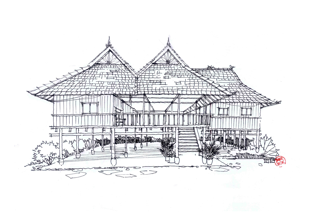 西双版纳 傣族建筑线稿