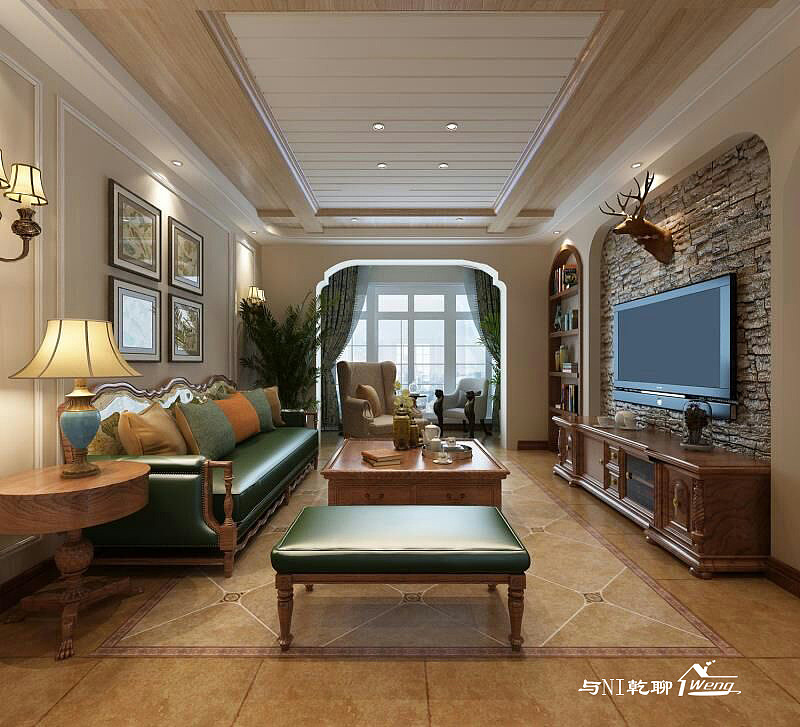 美式乡村风格突出了生活的舒适和自由,不论是感觉笨重的家具,还是带有岁月沧桑的配饰,都在告诉人们这一点。特别是在墙面色彩选择上,自然、怀旧、散发着浓郁泥土芬芳的色彩是美式乡村风格的典型特征。美式乡村风格的色彩以自然色调为主,绿色、土褐色最为常见;壁纸多为纯纸浆质地;家具颜色多仿旧漆,式样厚重;设计中多有地中海样式的拱