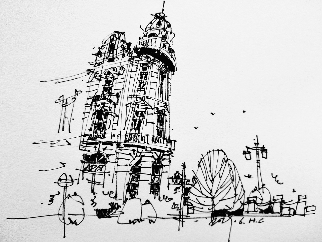 钢笔淡彩建筑风景速写