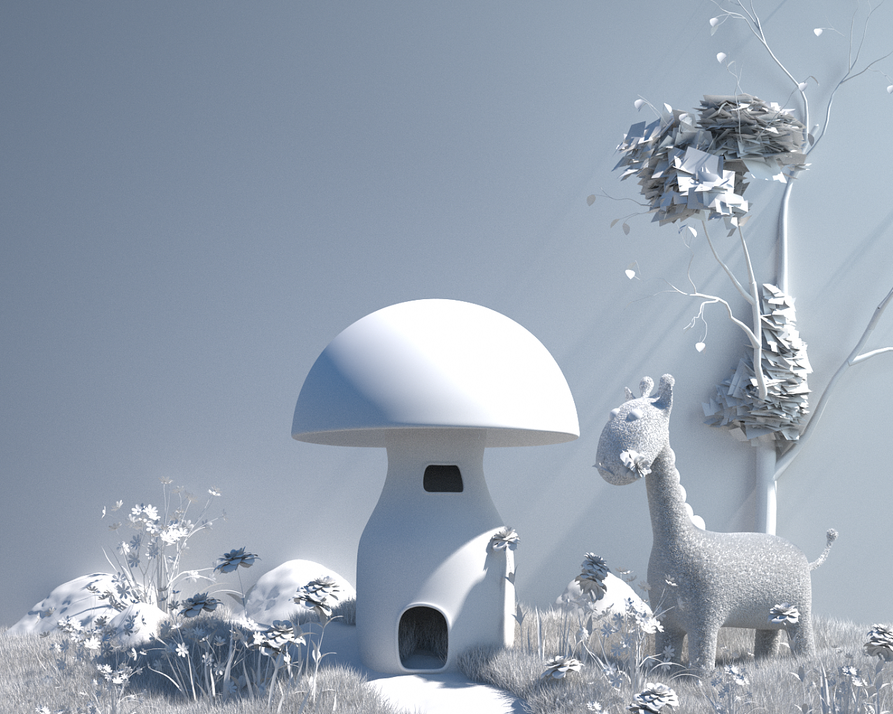 c4d合成海报练习-超现实蘑菇小鹿