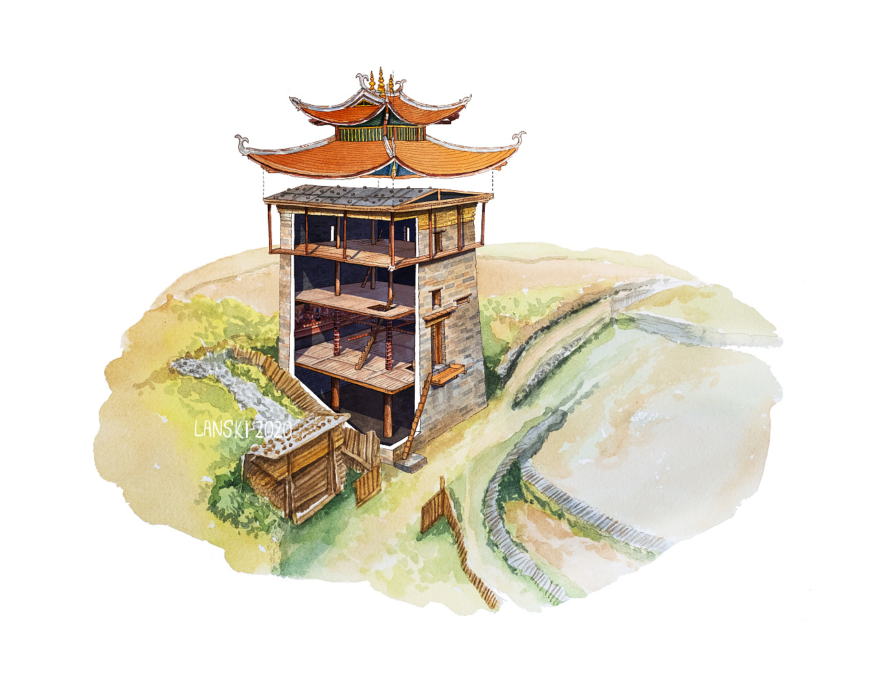 水彩手绘藏族木雅建筑